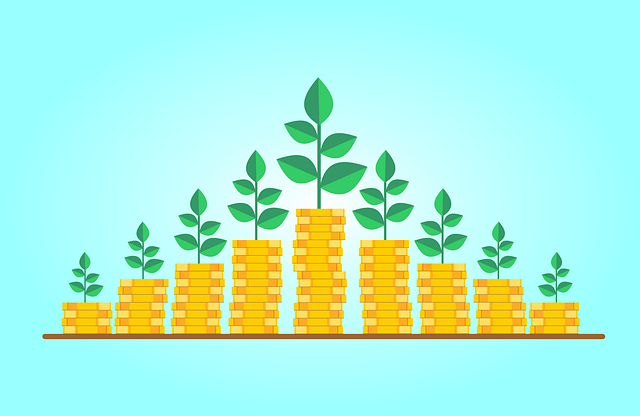 Funding growth illustration with a pyramid of coin stacks each growing a plant.